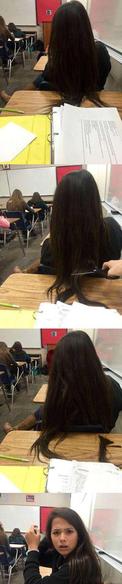 剪前桌女生头发搞笑图片爆笑gif搞笑图片