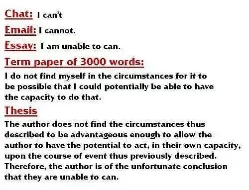 Chat :can't Email :cannot .Essay :I am unable to can .Term paper of 3000 words :I do not find myself in the circumstances for it to be possible that could potentially be able to have the capacity to do that .Thesis The author does not find the circumst发表情gif搞笑图片