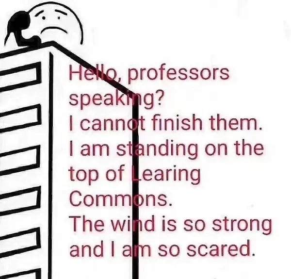Hello ,professors speaking ?I cannot finish them am standing on the top of Learing Commons The wind is strong and am so scared发表情gif搞笑图片
