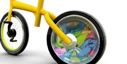 创意发明，自行车洗衣机创意gif搞笑图片