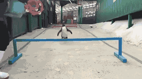 一只热衷跑酷的企鹅。。别看我长得小，人家也是很腻害的～动物gif搞笑图片