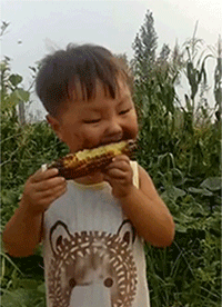 孩子，烤玉米好吃不？儿童gif搞笑图片