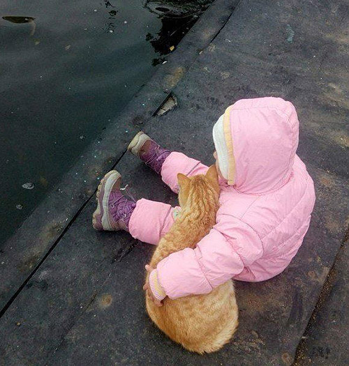 孤独的孩子和猫咪，今日的孩子就是未来的老人儿童gif搞笑图片