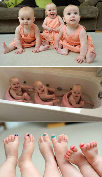 涂指甲区分三胞胎～儿童gif搞笑图片