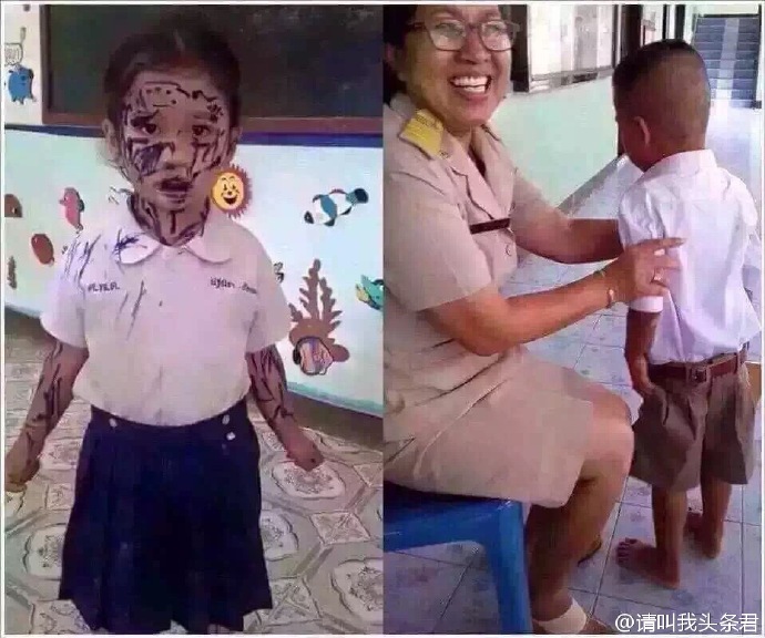 泰国一所小学里的老师说今天上美术课 ，题目是“画你最喜欢的人”，结果就被罚站了⋯儿童gif搞笑图片