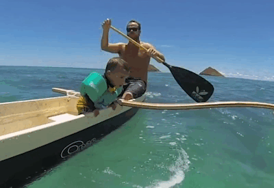 还好老爸手快，要不然就喂鲨鱼了儿童gif搞笑图片