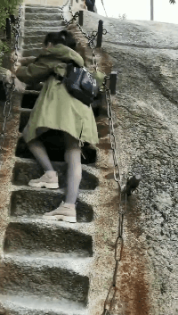 这山爬的我又不敢往下看也不敢往上看gif动态gif搞笑图片