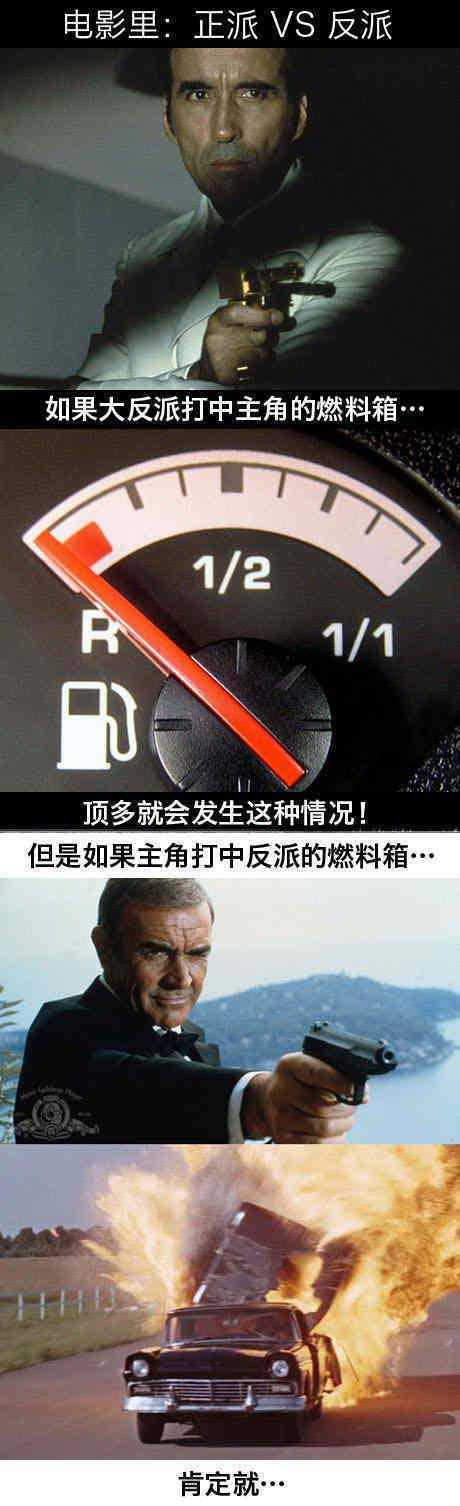 打中油箱，电影里的正派VS反派明星gif搞笑图片