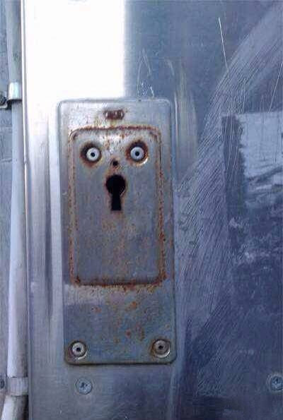 开门时感觉到了一束惊悚的目光：你又要插我！器物gif搞笑图片