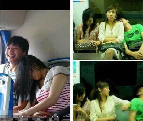 同样是睡着了靠别人肩上，男女反应差别很大。。。人物gif搞笑图片