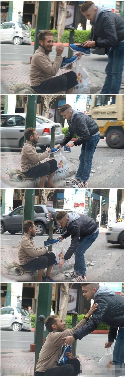 网友TheIncredibleWalrus分享的街头暖心一幕，一个陌生人看到流浪汉光着脚，就给他买了一双鞋穿，流浪汉哭到不能自己了。。人物gif搞笑图片