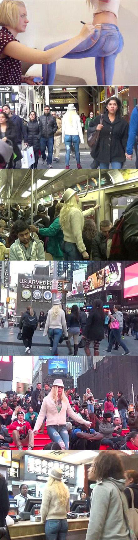 难以发现的人体彩绘牛仔裤人物gif搞笑图片