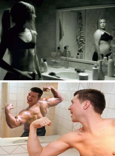 同样的镜子，不同的性别人物gif搞笑图片