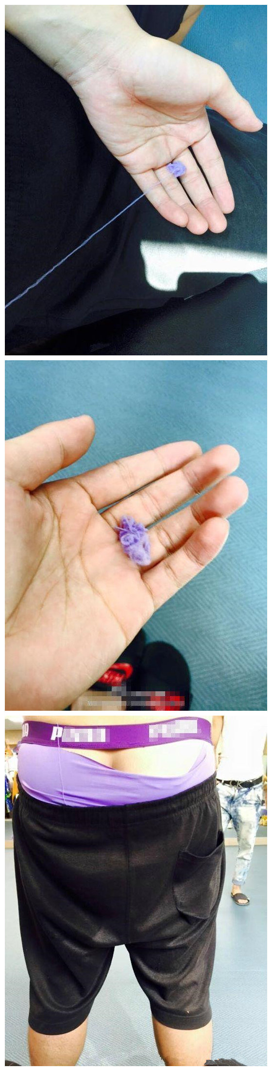 这位无聊的网友在自己身上摸到个线头，虽然不知道从哪来的但是感觉拽起来很爽很好玩，于是不停地拽啊拽…………过了一会发现综合gif搞笑图片