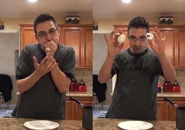 先开洞再吹气！小伙独创剥蛋壳新方法综合gif搞笑图片