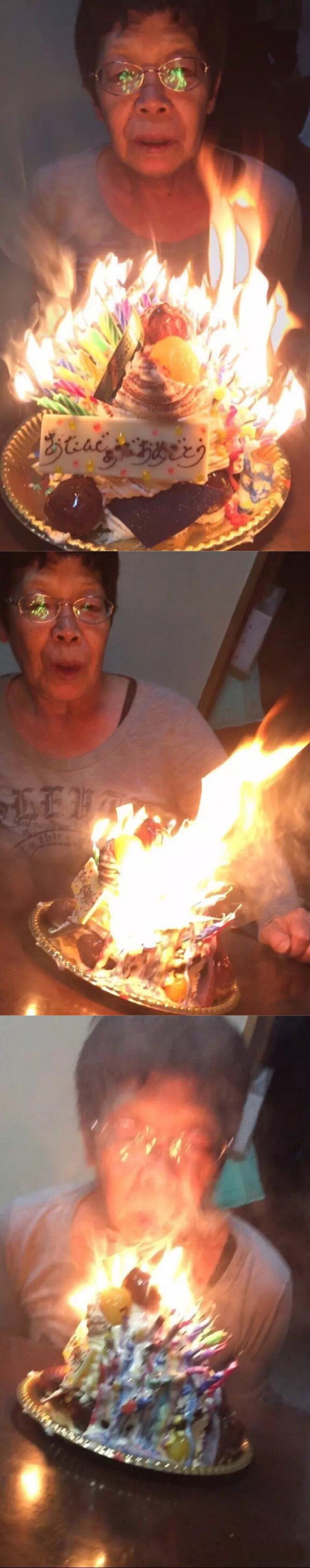 一妹子给奶奶过生日，很实诚地按照年龄满满插上了蜡烛，点好之后就成了这样。奶奶也算是见过大风大浪的，面不改色继续吹综合gif搞笑图片