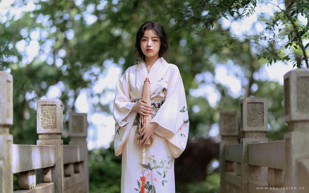 清纯少女撑伞和服唯美户外写真高清壁纸