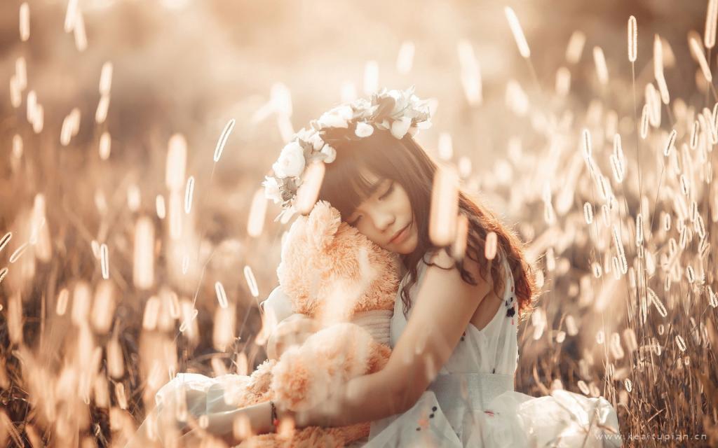 怀抱泰迪熊的美女户外写真桌面壁纸图片
