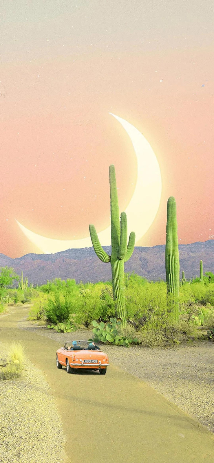 一轮弯月唯美风景高清手绘手机壁纸图片