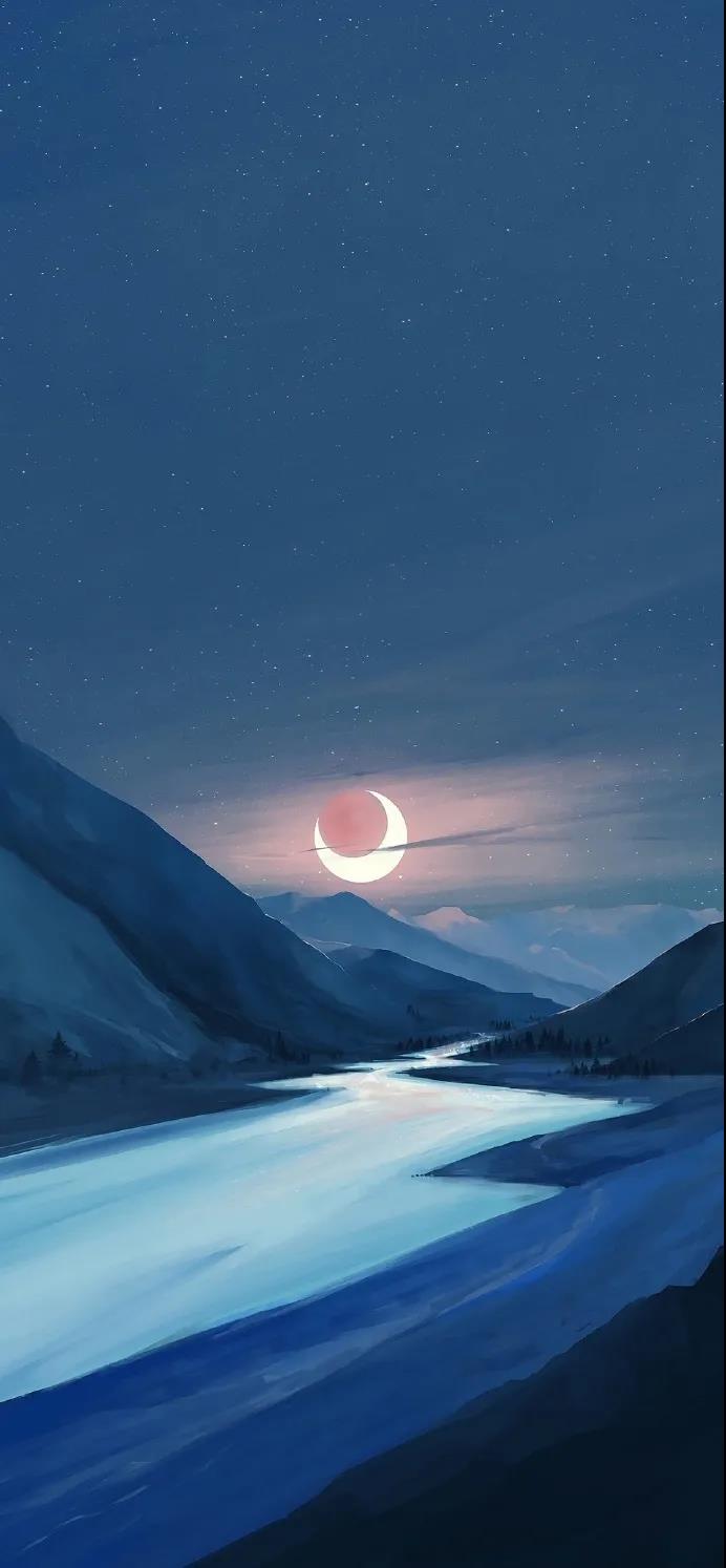 圆月弯月各有各的皎洁唯美夜晚天空风景高清壁纸图片